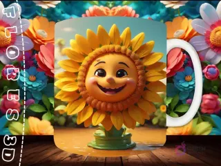 Mockup de taza sublimada con un personaje de girasol 3D sonriente, sentado en hojas verdes, sobre fondo floral multicolor.