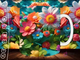 Mockup de taza sublimada con un paisaje florido de flores 3D vibrantes, con pétalos morados y azules en el suelo.