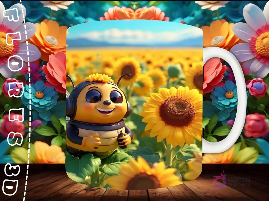 Mockup de taza sublimada con un girasol 3D sonriente en una maceta marrón, con un fondo brillante y floral.