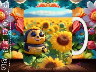 Mockup de taza sublimada con un girasol 3D sonriente en una maceta marrón, con un fondo brillante y floral.