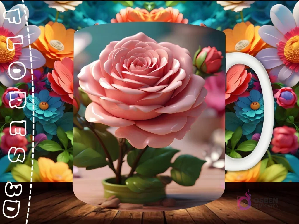 Mockup de taza sublimada con una composición variada de flores 3D de tonos pastel y vibrantes, creando un ambiente romántico.