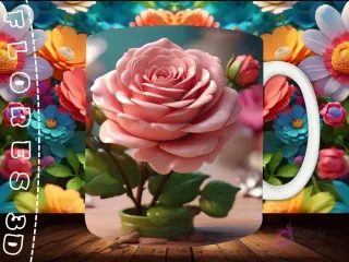 Mockup de taza sublimada con una composición variada de flores 3D de tonos pastel y vibrantes, creando un ambiente romántico.