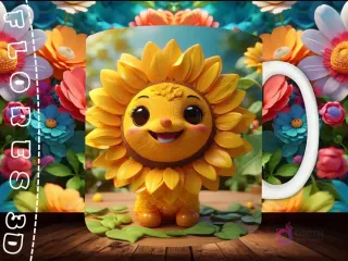 Mockup de taza sublimada con un personaje de abeja 3D con gafas y botella, caminando en un campo de girasoles, con fondo floral.