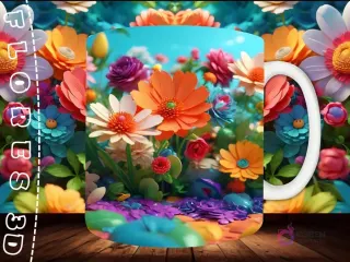 Mockup de taza sublimada con una rosa 3D rosa floreciendo, con pétalos sueltos y un ambiente etéreo, sobre fondo floral.