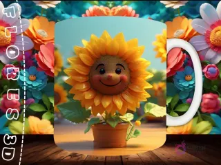 Mockup de taza sublimada con un campo de flores 3D coloridas y brillantes bajo un cielo azul, con un efecto de profundidad.