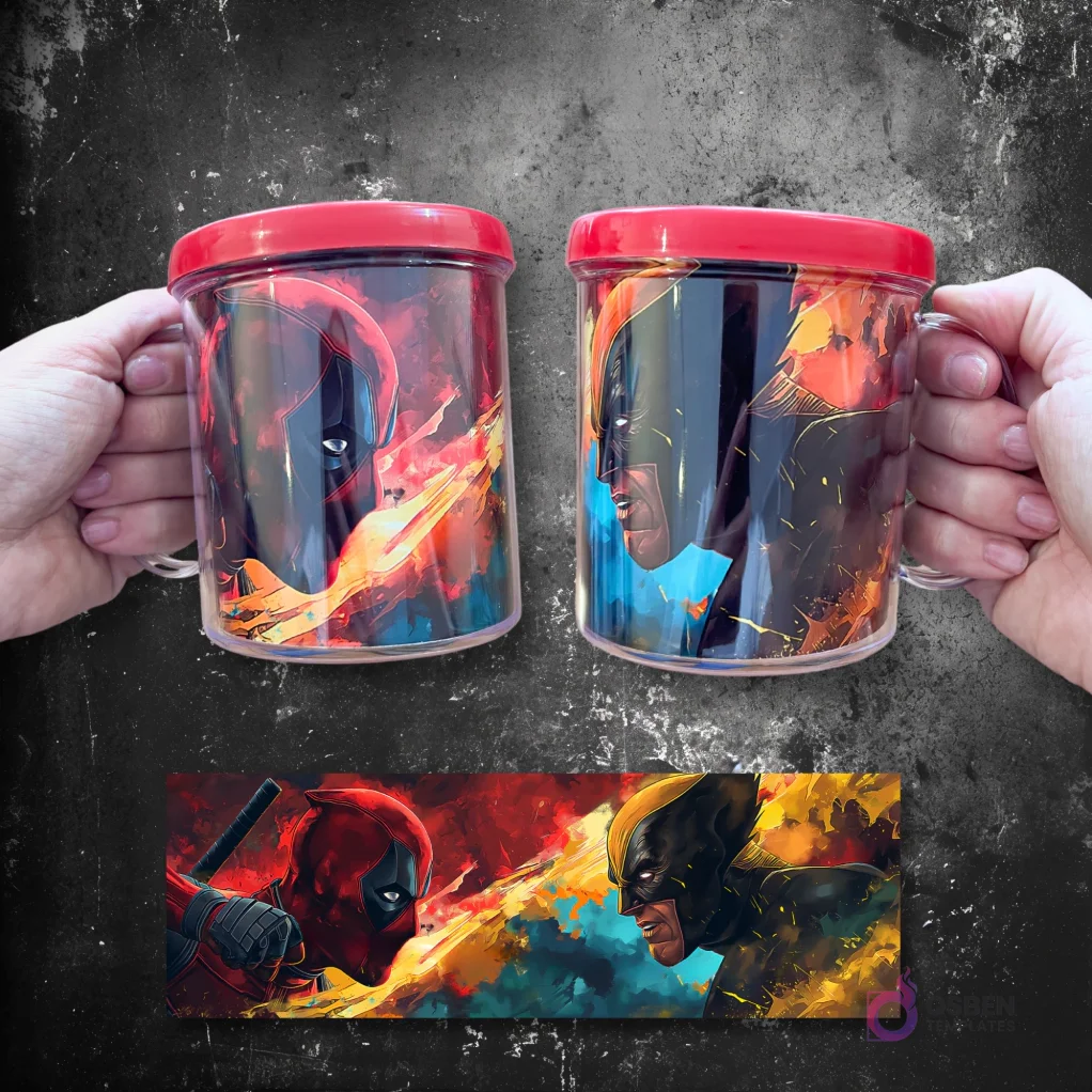 Tazas sublimadas con diseño artístico de Deadpool y Wolverine enfrentándose entre llamas.