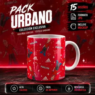 Taza sublimada con diseño del cantante urbano Pailita en estilo cartoon, sobre un fondo rojo temático con el logo de Adidas y estrellas.