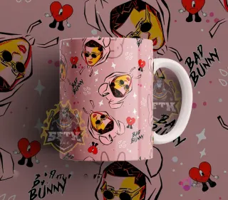 Taza sublimada con diseño del cantante urbano Bad Bunny en estilo cartoon, sobre un fondo rosa con corazones y el logo 'Bad Bunny'.