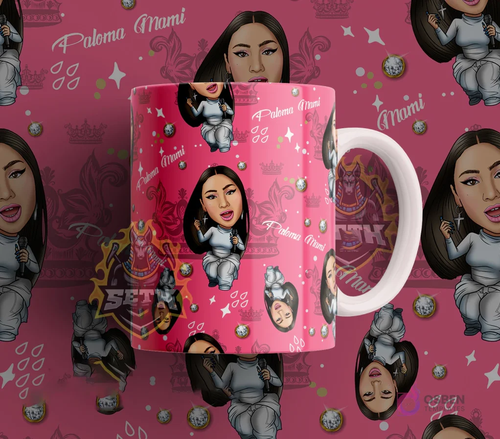 Taza sublimada con diseño de la cantante urbana Paloma Mami en estilo cartoon, sobre un fondo rosa fucsia con coronas y diamantes.