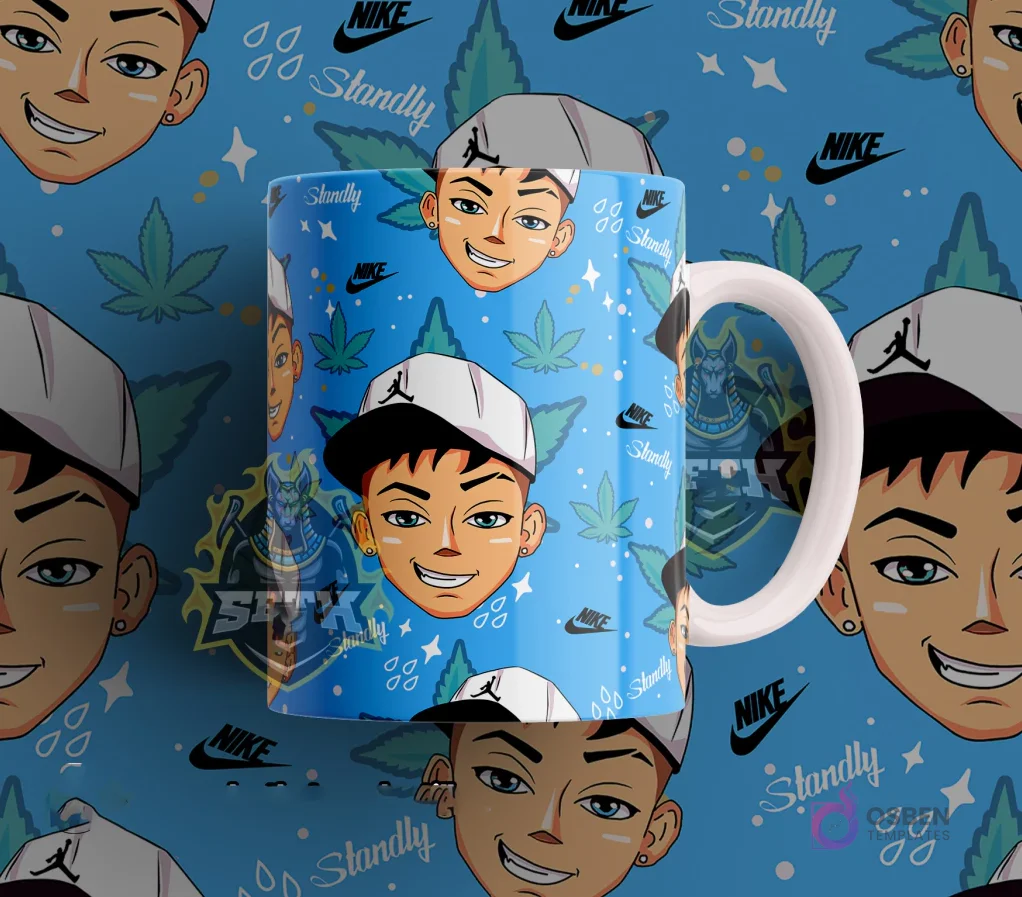 Taza sublimada con diseño del cantante urbano Standly en estilo cartoon, sobre un fondo azul claro con hojas de cannabis y el logo de Nike.