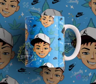 Taza sublimada con diseño del cantante urbano Standly en estilo cartoon, sobre un fondo azul claro con hojas de cannabis y el logo de Nike.