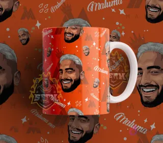 Taza sublimada con diseño del cantante urbano Maluma en estilo cartoon, sobre un fondo naranja intenso con el logo 'Maluma' y estrellas.