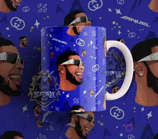Taza sublimada con diseño del cantante urbano Anuel en estilo cartoon, sobre un fondo azul vibrante con el logo de Gucci y su nombre.