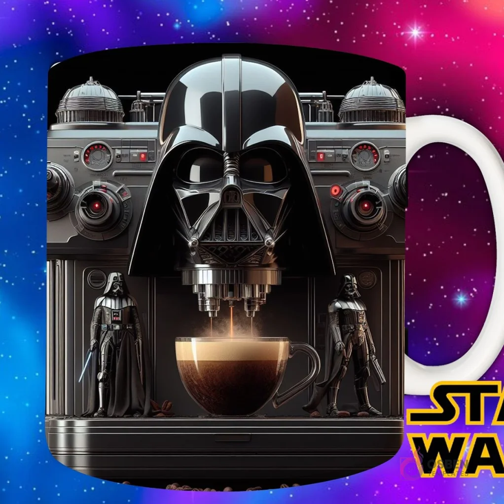Diseño de sublimación con Darth Vader como máquina de café espresso, sirviendo café en una taza, con un fondo espacial y el logo de Star Wars.