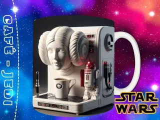 Plantilla de taza con Princesa Leia (con sus famosos moños) diseñada como una elegante máquina de café espresso, con el logo de Star Wars.