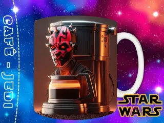 Diseño para taza de sublimación con Darth Maul transformado en una cafetera de goteo, con sus icónicos cuernos y marcas rojas, sirviendo café.