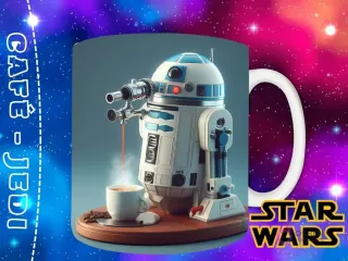 Diseño de R2-D2 como una máquina de café espresso futurista, con un brazo dispensador y una taza humeante, sobre un fondo de estrellas.