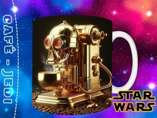 Plantilla de taza con C-3PO dorado como una máquina de café espresso ornamentada, con granos de café y un fondo espacial.