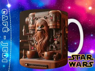 Diseño de Chewbacca como una máquina de café robusta y peluda, con tazas de madera y un aire rústico galáctico.