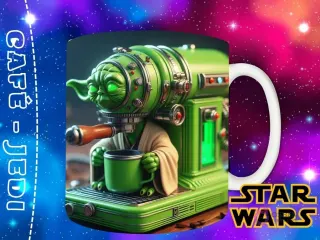 Plantilla con el Maestro Yoda en color verde brillante como una máquina de café espresso avanzada, con iluminación Jedi y sirviendo café.