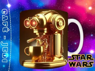 Diseño de un C-3PO dorado estilizado como una máquina de café espresso compacta y brillante, preparando una bebida estelar.