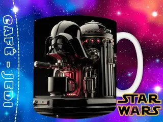 Plantilla de Darth Vader en un diseño de máquina de café espresso elegante y oscura, con detalles en rojo brillante y una taza negra.