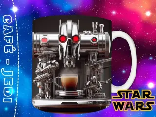 Diseño de un droide de batalla plateado, con aspecto de cafetera futurista y elementos bélicos, sirviendo café en una taza.