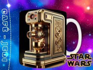 Plantilla con una máquina de café dorada con patrones intrincados y un diseño que evoca la estética imperial de Star Wars.