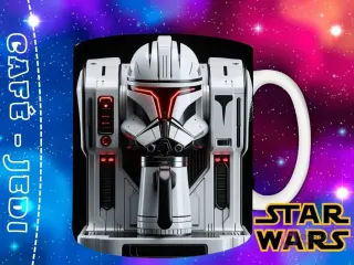 Diseño de un casco de clon trooper transformado en una máquina de café moderna y blanca, con luces rojas y un aspecto imponente.