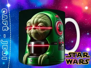 Plantilla del Maestro Yoda como máquina de café, con sus ojos rojos y un haz de luz láser preparando la bebida.