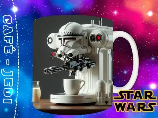 Diseño de un Stormtrooper blanco como una máquina de café espresso, con su casco y accesorios, sirviendo en una taza.