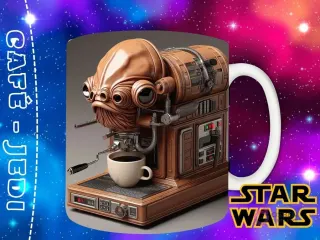 Plantilla con el Almirante Ackbar como una máquina de café exótica y detallada, con su característica cabeza y sirviendo café.