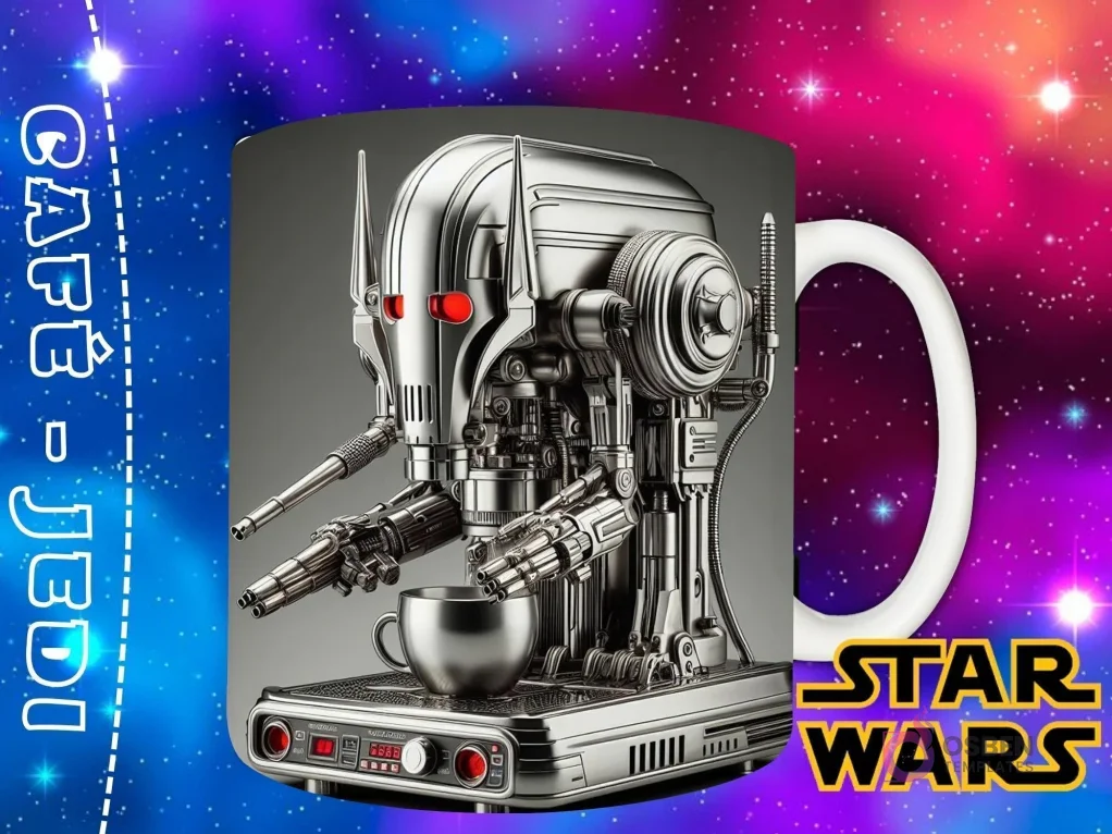 Diseño de un droide de combate plateado, robusto y con un diseño industrial, funcionando como una máquina de café.