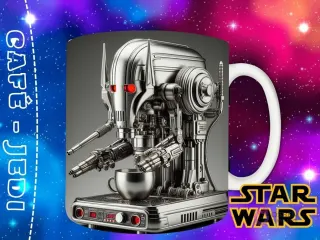 Diseño de un droide de combate plateado, robusto y con un diseño industrial, funcionando como una máquina de café.