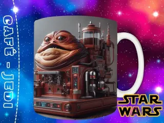 Plantilla con Jabba el Hutt como una enorme y detallada máquina de café, con su aspecto característico y elementos de su palacio.