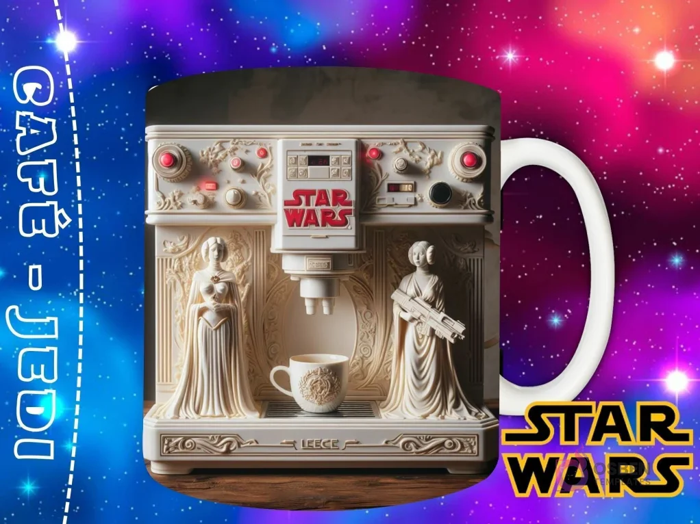 Diseño de una máquina de café elegante con esculturas clásicas de Star Wars a los lados, como estatuas de diosas, en tonos blancos.