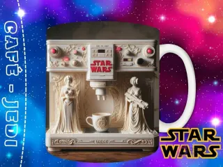 Diseño de una máquina de café elegante con esculturas clásicas de Star Wars a los lados, como estatuas de diosas, en tonos blancos.