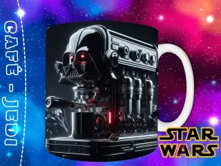 Plantilla de Darth Vader como una máquina de café futurista, con múltiples brazos y luces rojas, preparando café en una taza oscura.