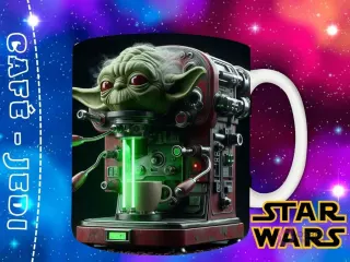 Diseño del Maestro Yoda en tonos rojo y verde, como una máquina de café de alta tecnología, con luces y mecanismos complejos.