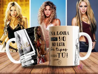 Taza de sublimación beige con diseño de Shakira y frase 'Las mujeres ya no lloran, las mujeres facturan' en fuente manuscrita