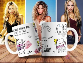 Taza de sublimación blanca con diseño de Shakira en estilo Flork y frase 'Una loba como yo no está pa' tipos como tú!' y elementos de memes