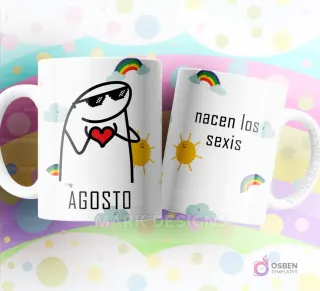 Taza de sublimación Flork de Agosto con gafas de sol y corazón, texto "nacen los sexis" y diseño de nubes y arcoíris.