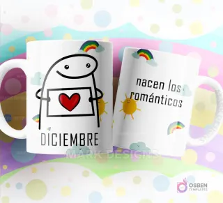 Taza de sublimación Flork de Diciembre con cartel de corazón, texto "nacen los románticos" y diseño de nubes y arcoíris.