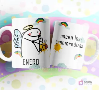 Taza de sublimación Flork de Enero disfrazado de cupido con arco y flecha, texto "nacen los enamoradizos" y diseño de nubes y arcoíris.