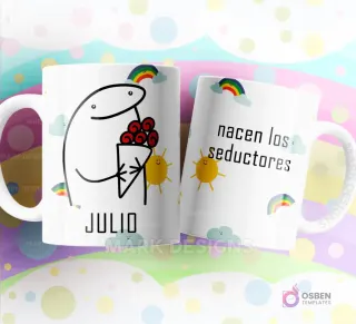 Taza de sublimación Flork de Julio con un ramo de rosas rojas, texto "nacen los seductores" y diseño de nubes y arcoíris.