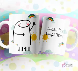 Taza de sublimación Flork de Junio saludando, texto "nacen los simpáticos" y diseño de nubes y arcoíris.