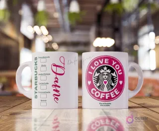 Taza blanca sublimada con diseño estilo Starbucks. Un lado muestra opciones de bebida y el nombre 'Dafnere' en fucsia mate. El otro lado tiene un logo fucsia mate de Starbucks con sirena y texto 'I Love You Coffee'.