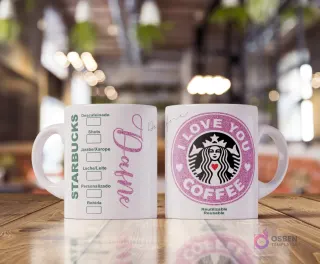 Taza blanca sublimada con diseño estilo Starbucks. Un lado muestra opciones de bebida y el nombre 'Dafnere' en fucsia brillante. El otro lado tiene un logo fucsia brillante de Starbucks con sirena y texto 'I Love You Coffee'.