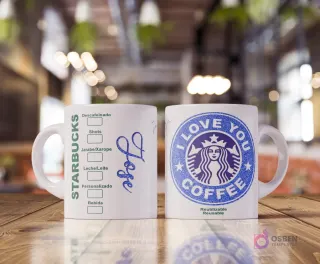 Taza blanca sublimada con diseño estilo Starbucks. Un lado muestra opciones de bebida y el nombre 'Jose' en azul brillante. El otro lado tiene un logo azul brillante de Starbucks con sirena y texto 'I Love You Coffee'.