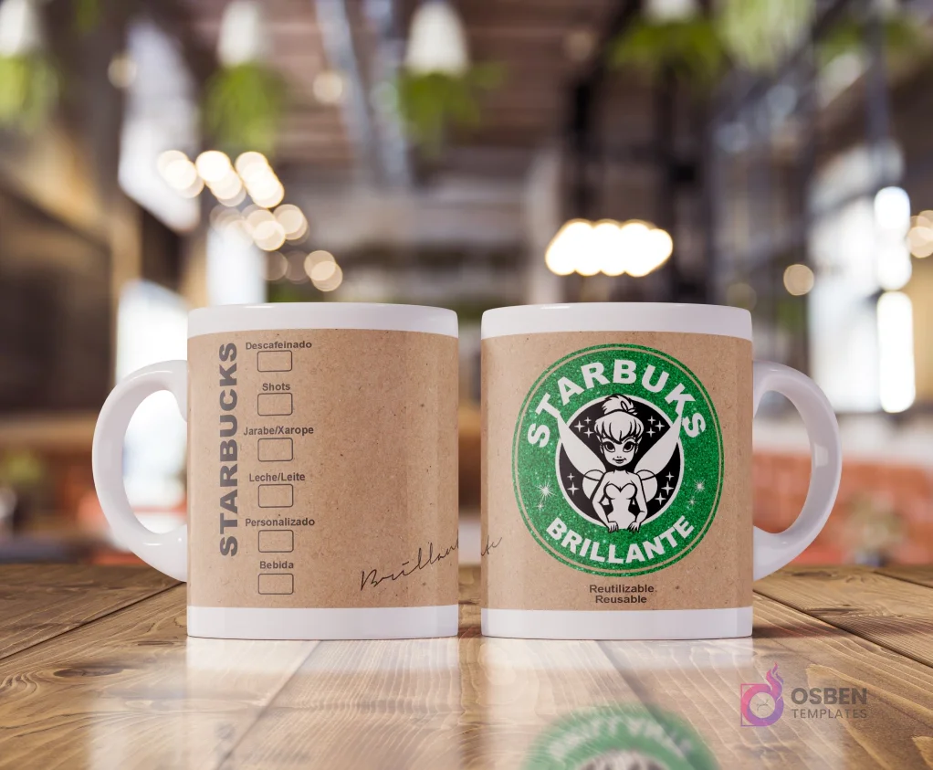 Taza blanca sublimada con diseño estilo Starbucks con fondo de papel kraft. Un lado muestra opciones de bebida. El otro lado tiene un logo verde de Starbucks con Tinkerbell y texto 'Starbuks Brillante'.